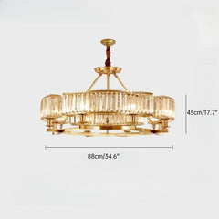 Gold chandelier with dimensions on a white background