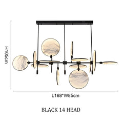 Modern chandelier with black frame and beige circular shades, featuring dimensions on a white background.