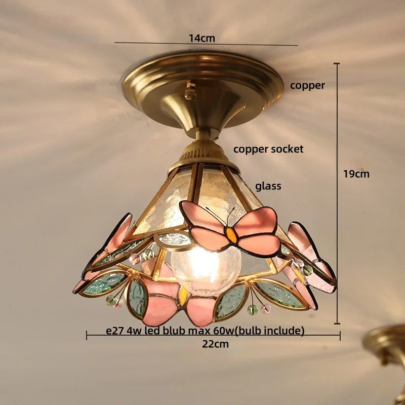 Ceiling light fixture with butterfly design, labeled parts, and dimensions on a neutral background.