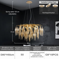 Chandelier with dimensions and installation instructions on a dark background