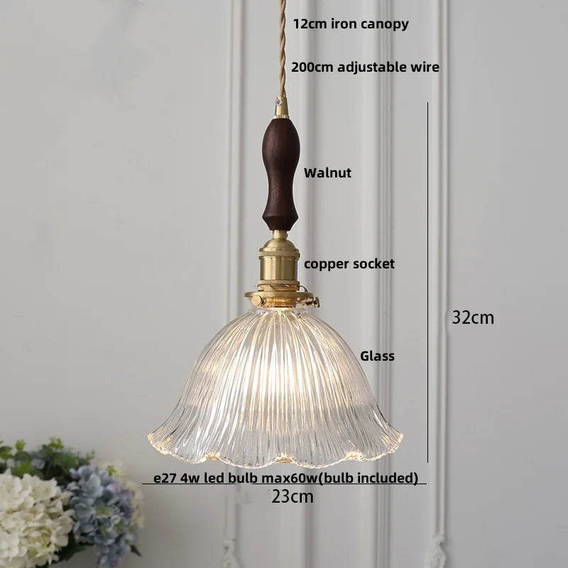 Pendant light with dimensions and material details on a white background