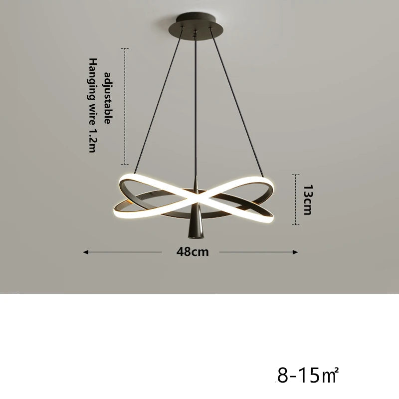 Modern pendant light with dimensions and specifications on a gray background