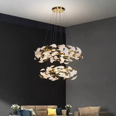 Gold Leaf Ring Pendant Light with White Accents Fixture