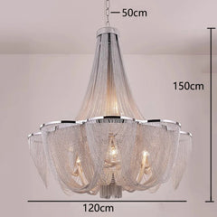 Chandelier with dimensions indicated on a plain background