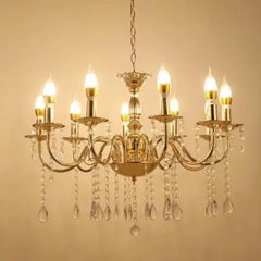Gold Candelabra Chandelier with Crystal Droplets and Candle Lights