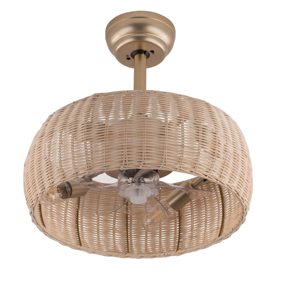 Ceiling fan with woven design and gold finish on a white background