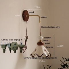 Wall-mounted lamp with dimensions and material details on a beige background