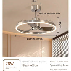 Ceiling fan with dimensions and specifications on a neutral background