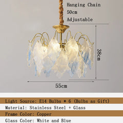 Chandelier with dimensions and material details on a gray background