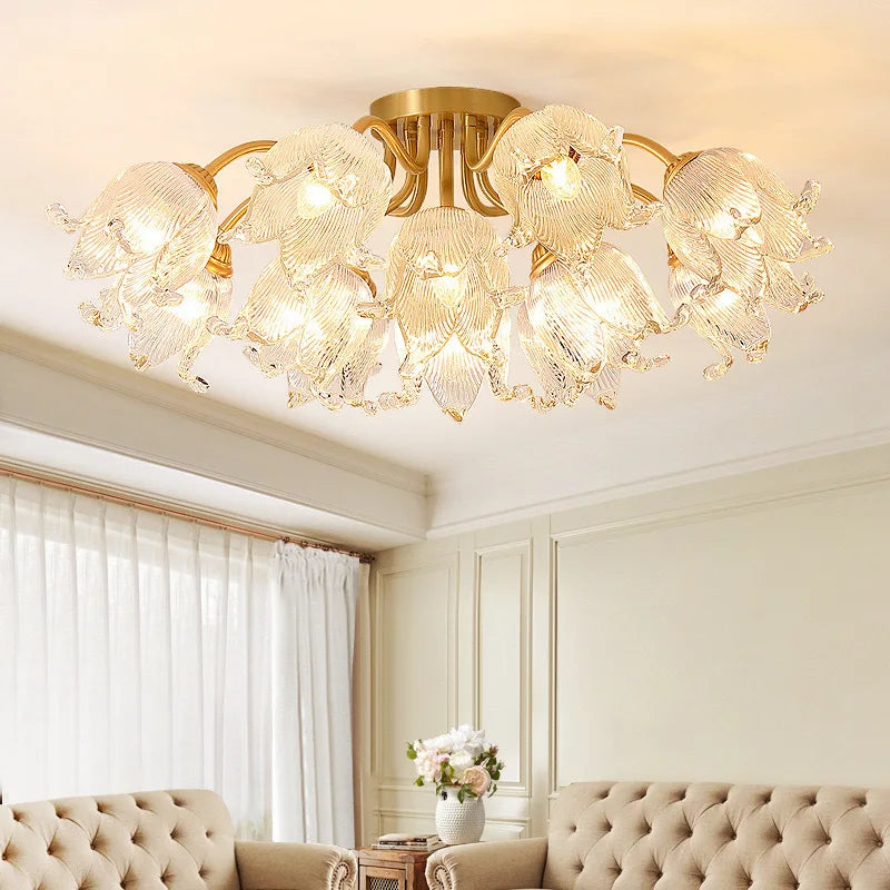 Decorative ceiling light fixture in a room with beige walls and furniture.