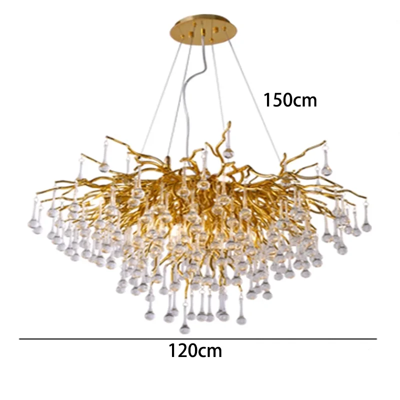 Gold chandelier with measurements on a white background