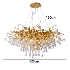 Gold chandelier with measurements on a white background