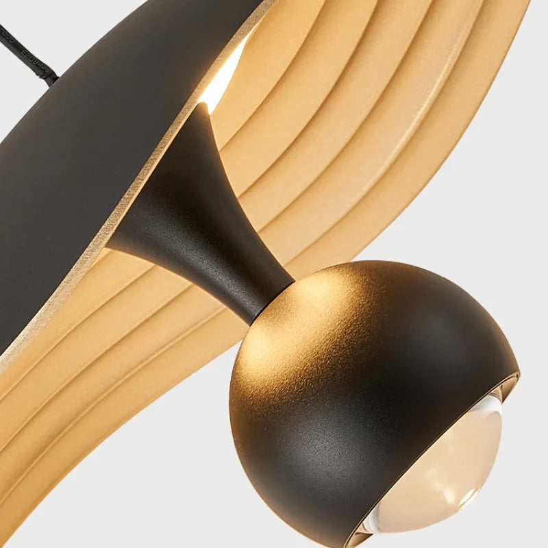 Close-up of a modern ceiling light fixture with black and gold design.