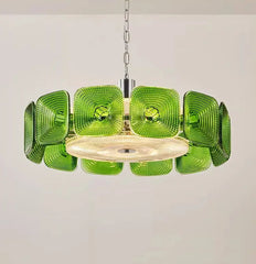 Green Glass Square Geometric Chandelier Art Deco Hanging Light Fixture