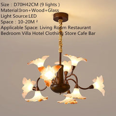 Bronze Floral Chandelier Pendant Light with Frosted Glass Bell Shades