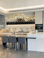 Gold Metal Ginkgo Leaf Pendant Chandelier with White Ceramic Flowers