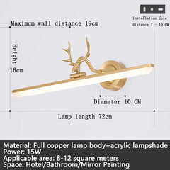Wall-mounted light fixture with deer antler design and dimensions on a white background