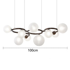 Chandelier with white spherical lights and a black metal frame, shown with dimensions on a white background.