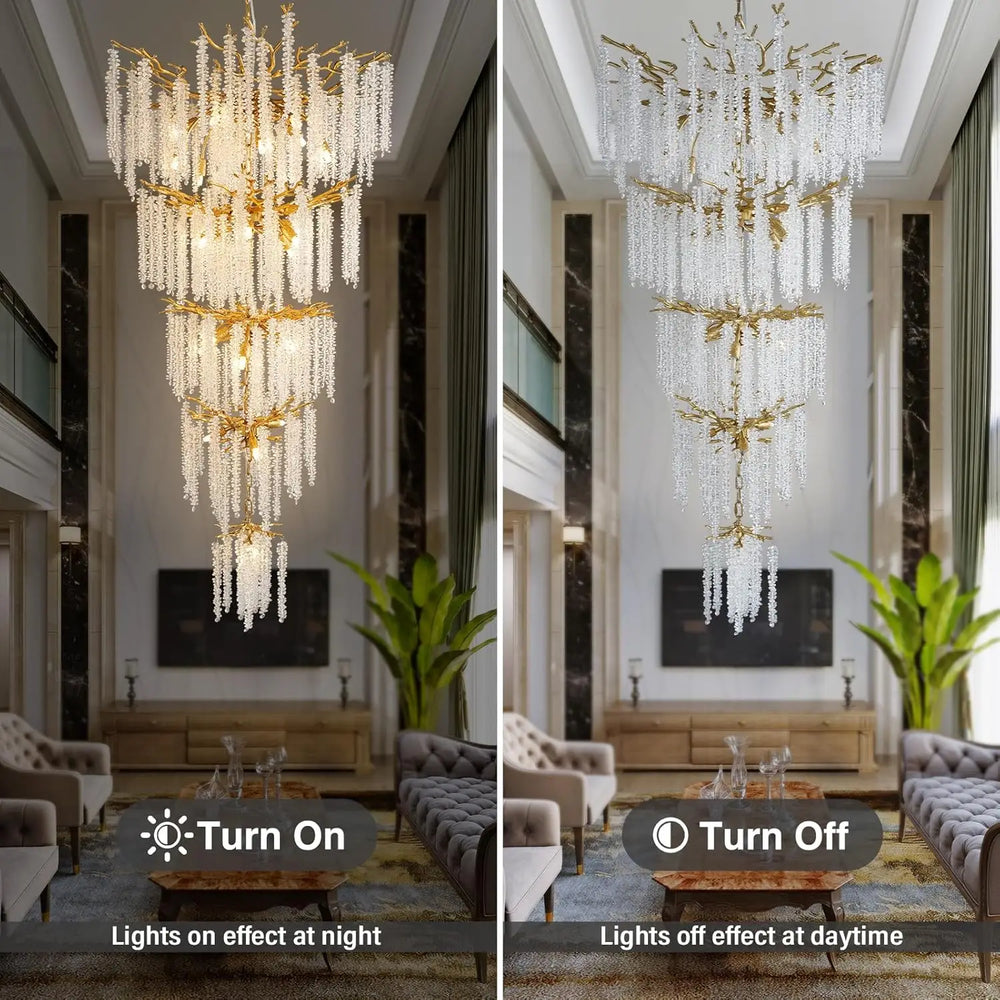 Chandelier in a room with 'Turn On' and 'Turn Off' labels showing lighting effects.