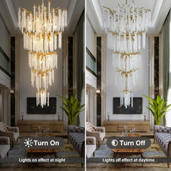 Chandelier in a room with 'Turn On' and 'Turn Off' labels showing lighting effects.