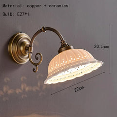 Gold Metal Floral Ceramic Wall Sconce Light with Frosted Bell Shade