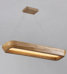Wooden pendant light fixture on a gray background