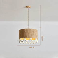 Jute Drum Pendant Light with Natural Wood Beads Accent