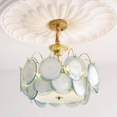 Gold Metal Frame Amethyst Glass Disc Semi-Flush Mount Chandelier