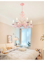 Pink Crystal Flower Chandelier with Rose Buds and Leaf Accents