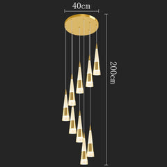 Gold pendant light fixture with dimensions on a black background