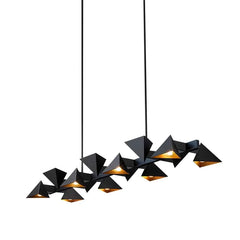 Modern black pendant light with geometric design on a white background