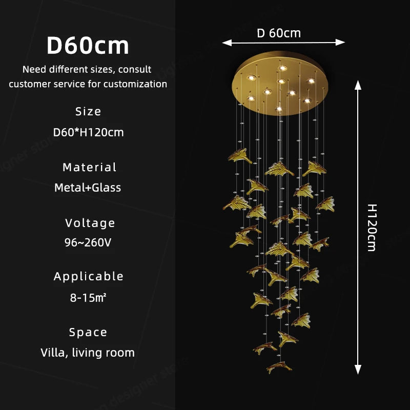 Chandelier with dimensions and specifications on a black background
