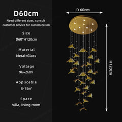 Chandelier with dimensions and specifications on a black background
