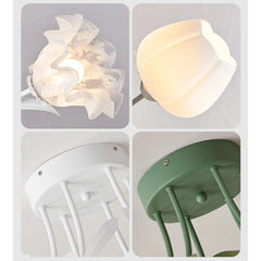 Flower Bud Semi-Flush Ceiling Light White Glass Green Metal Accents