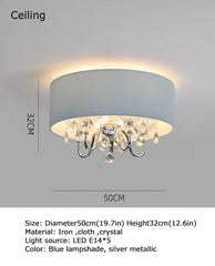 Blue Fabric Drum Pendant Light with Crystal Accents