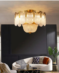 Gold Crystal Tiered Flush Mount Chandelier with Draped Beaded Strands
