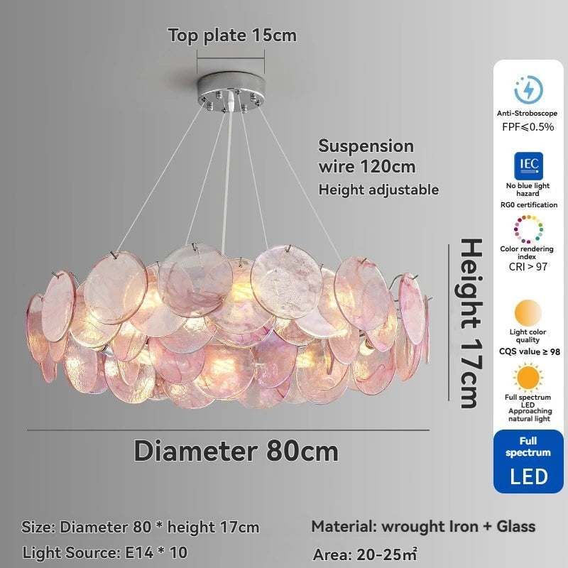 Chandelier with dimensions and features on a gray background