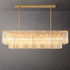 Gold chandelier with a rectangular design on a gray background