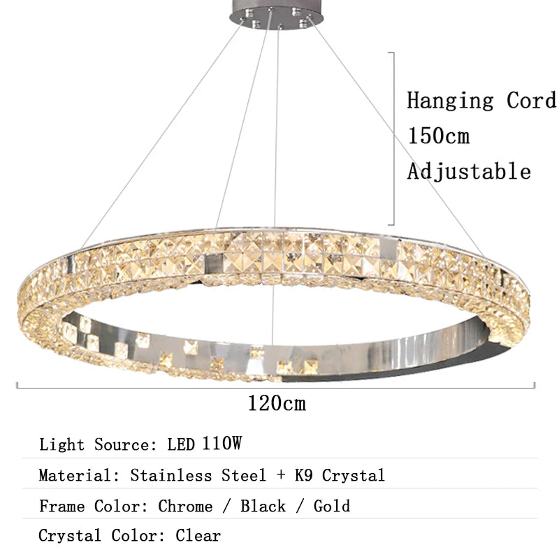 Chandelier with crystal design, hanging cord details, and product specifications on a white background.