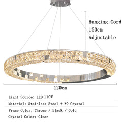 Chandelier with crystal design, hanging cord details, and product specifications on a white background.