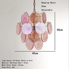Pink chandelier with measurements on a white background