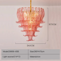 Pink chandelier with dimensions and product details on a light gray background