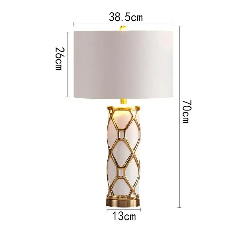 Table lamp with dimensions indicated on a white background