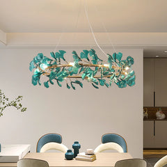 Gold Ginkgo Leaf Ring Pendant Light Fixture with Amber Glow