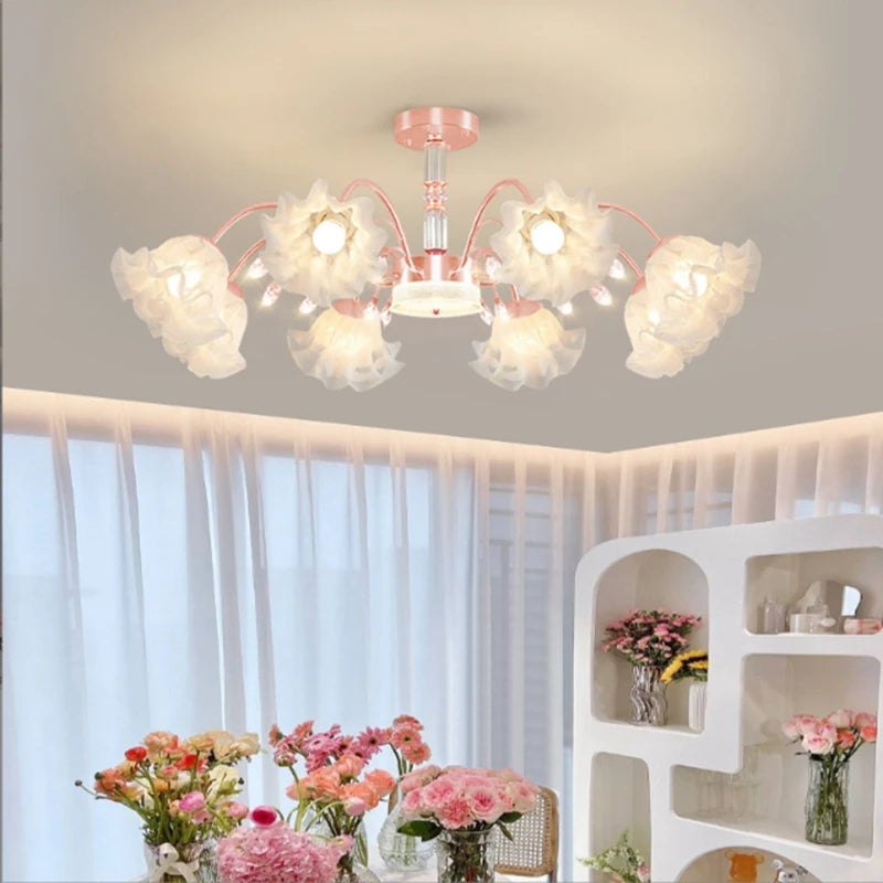 A different angle of the gold floral semi-flush mount chandelier, highlighting its overall structure.