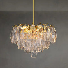 Amber Faceted Crystal Tiered Chandelier with Gold Finish Metal Frame