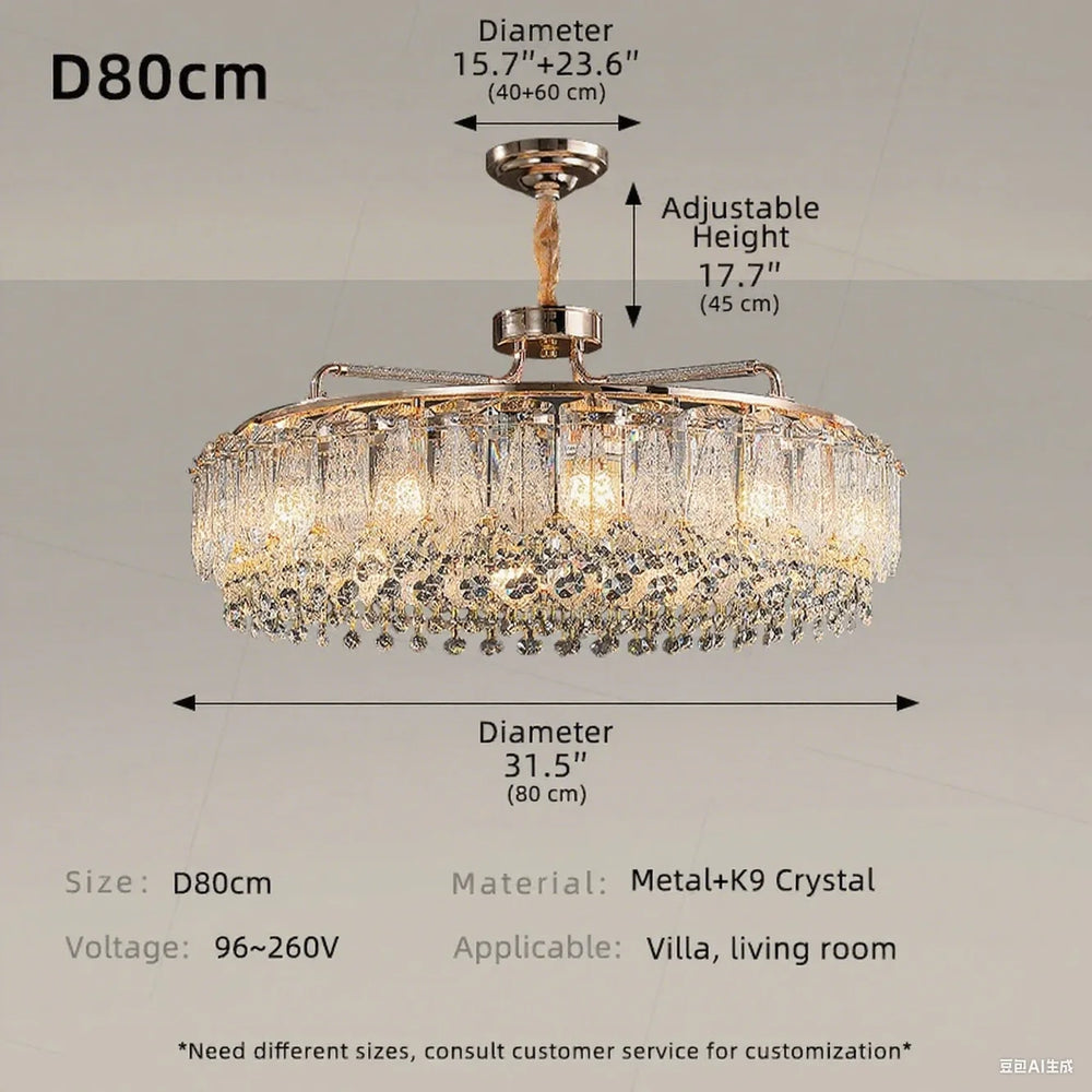 Chandelier with dimensions and specifications on a gray background