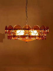 Mid-Century Amber Glass Disc Chandelier with Gold Metal Frame