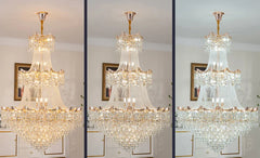 Triple reflection of a crystal chandelier in a mirror.