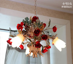 Gold Rose Bud Ceramic Pendant Light Fixture Floral Stems Glass Shades
